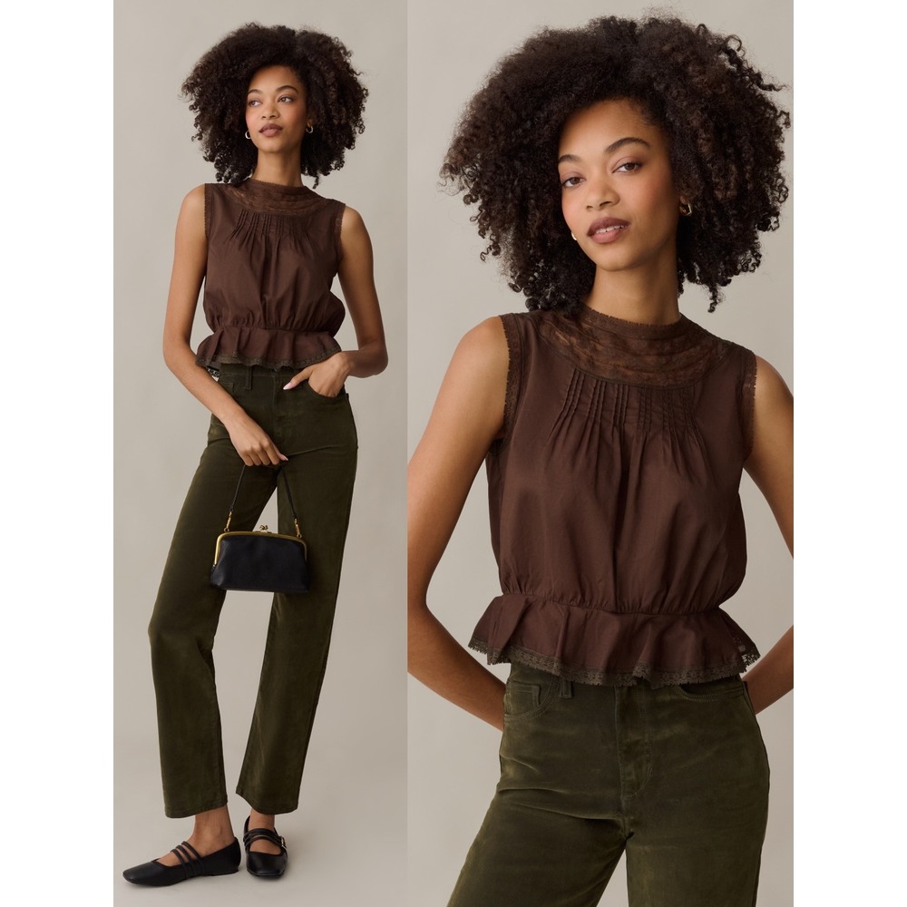 Brown Lace-Trim Sleeveless Peplum Blouse - Women